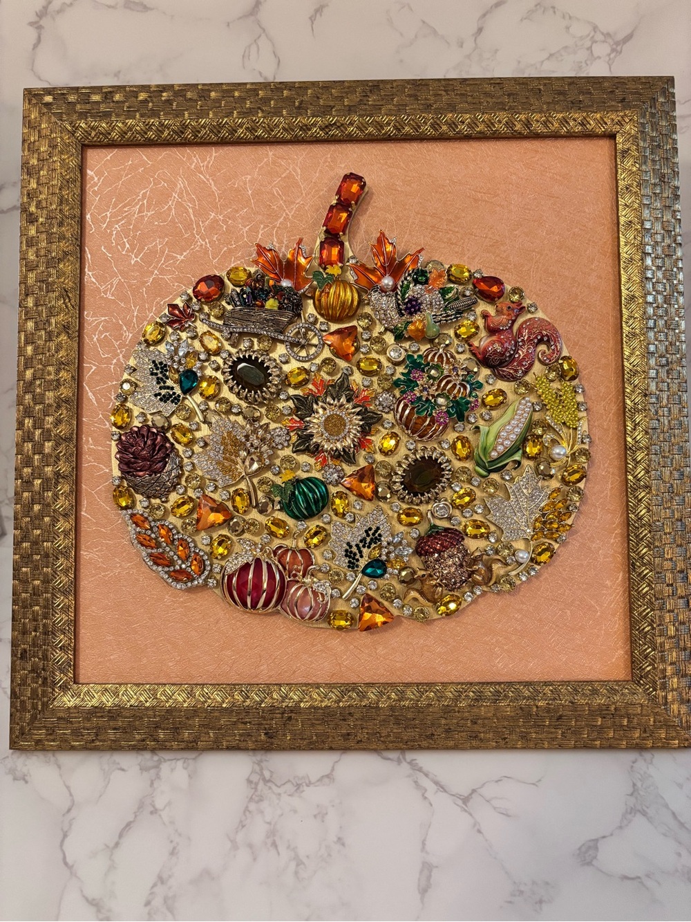 Bejeweled Pumpkin Wall Hanging - Gold and Orange Holiday Accent